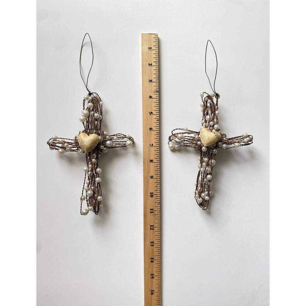 Pearl Wired Hanging Cross Ornament 7” set of 2 Christmas Decor - Picture 3 of 3